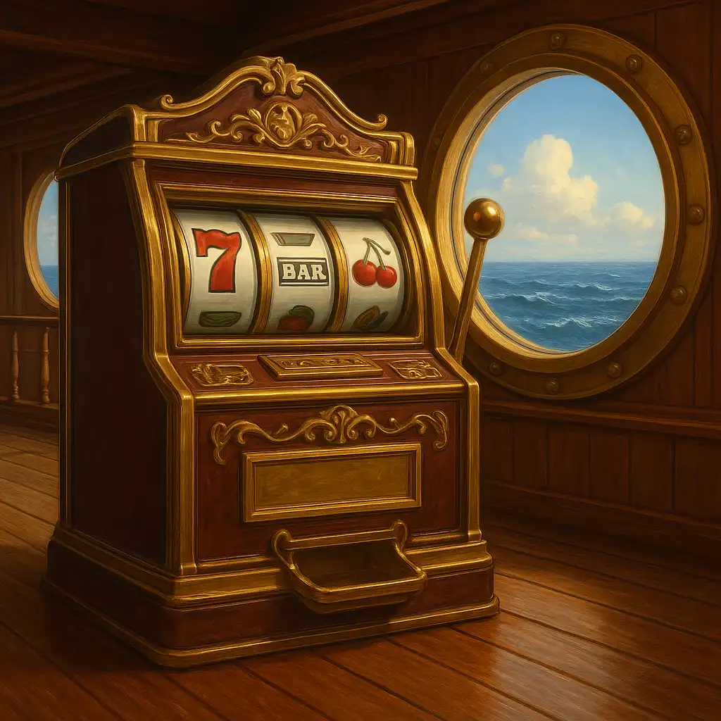 Slot machine reels spinning on a polished wood deck